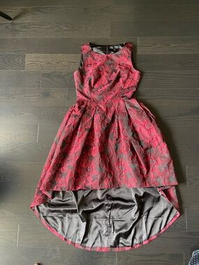 High-Low Floral Jacquard Dress in Burgundy and Black